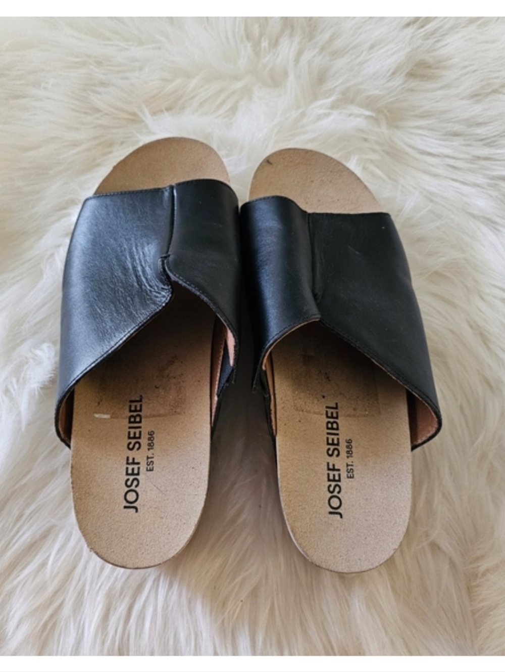 Josef Seibel Black Leather Slide Mule with Cork Wedge and White Outsole